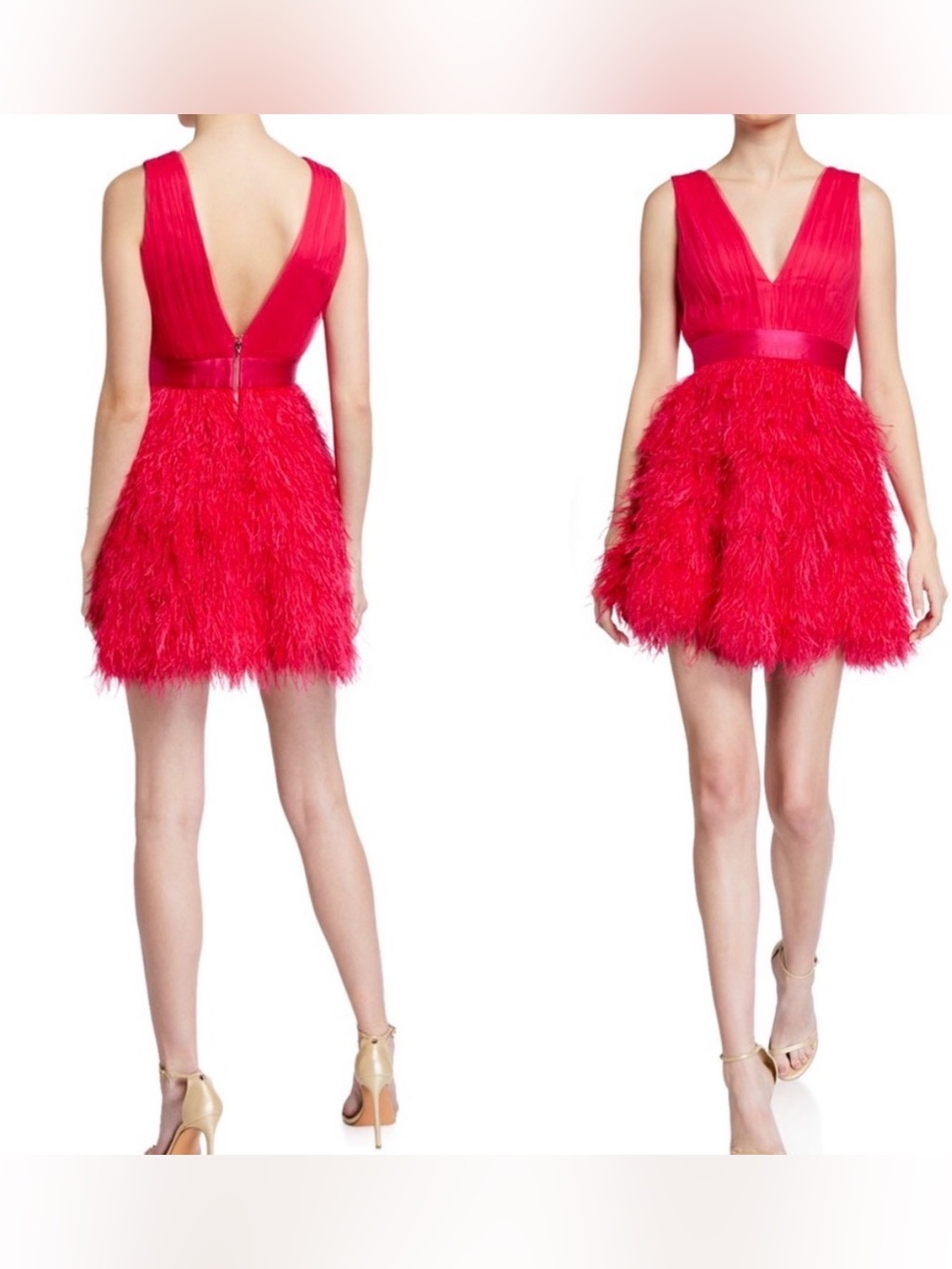 NWT Alice and Olivia Tegan Wild Pink V-Neck Feather Mini Dress